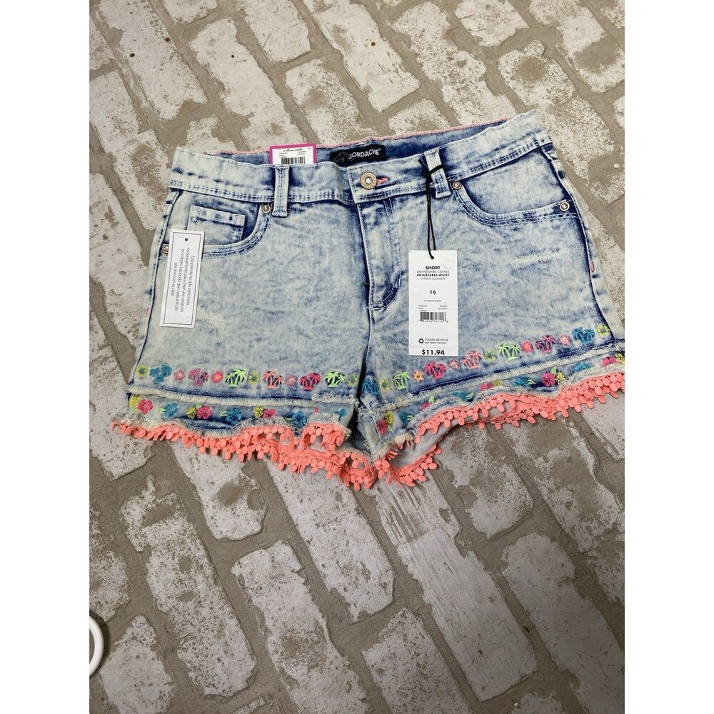 NWTJordache Girls Denim Shorts Size 16 Acid Wash Floral Adjustable Waist Pockets